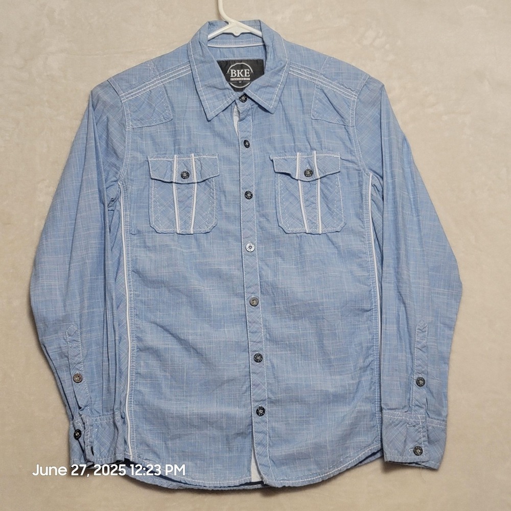 BKE Shirt Mens Medium Blue Long Sleeve Western Pearl Snap Double Pocket Casual